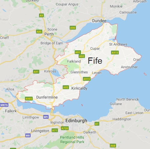 Fife map detailing area of double glazed window service and advice