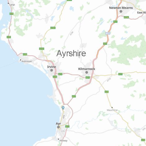 Map of Ayrshire, showing area covered by Window Advice Centre for supplying Ayrshire Double Glazing